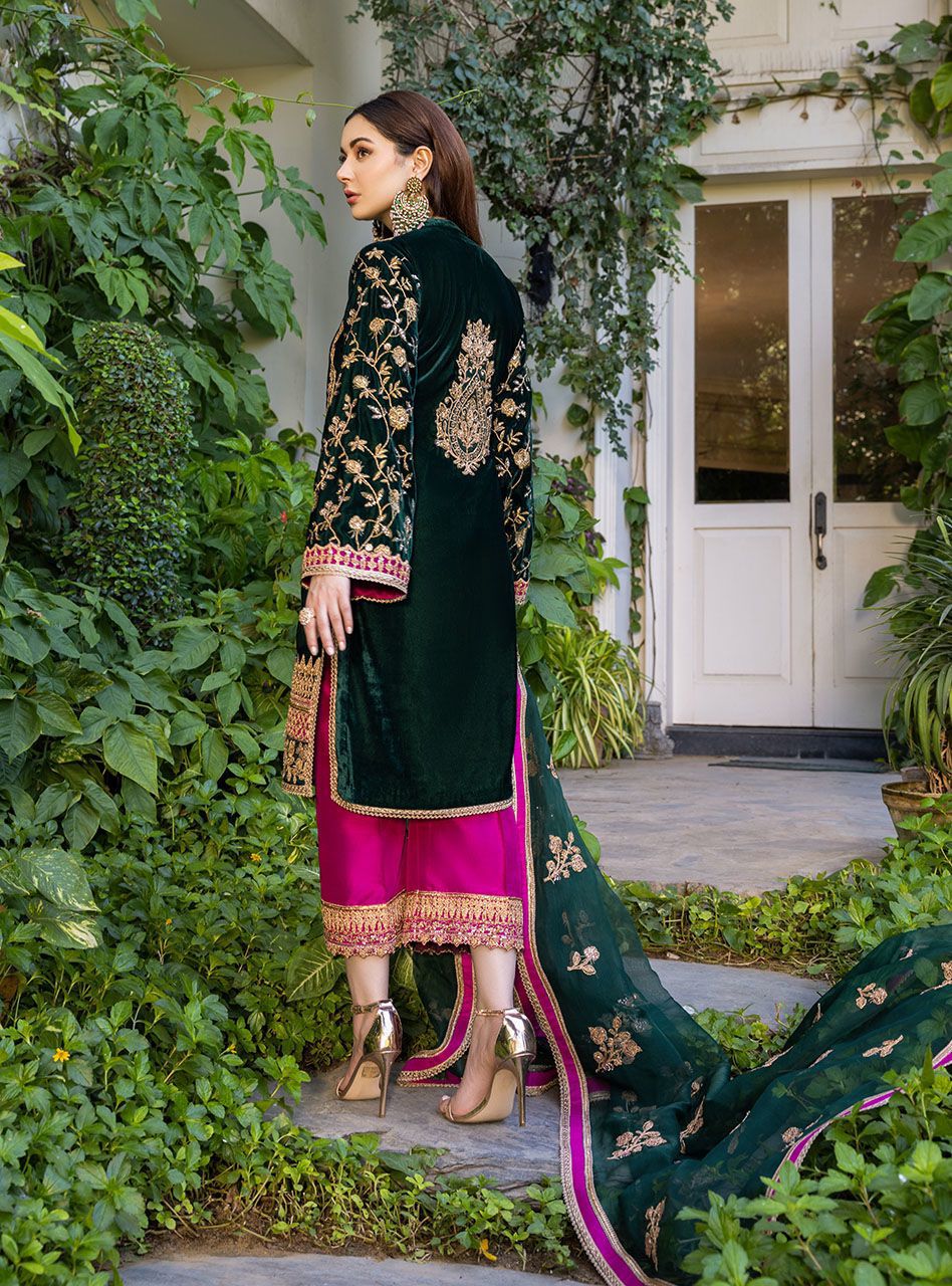 Velvet - 3 Piece Embroided Unstitched Green Suit