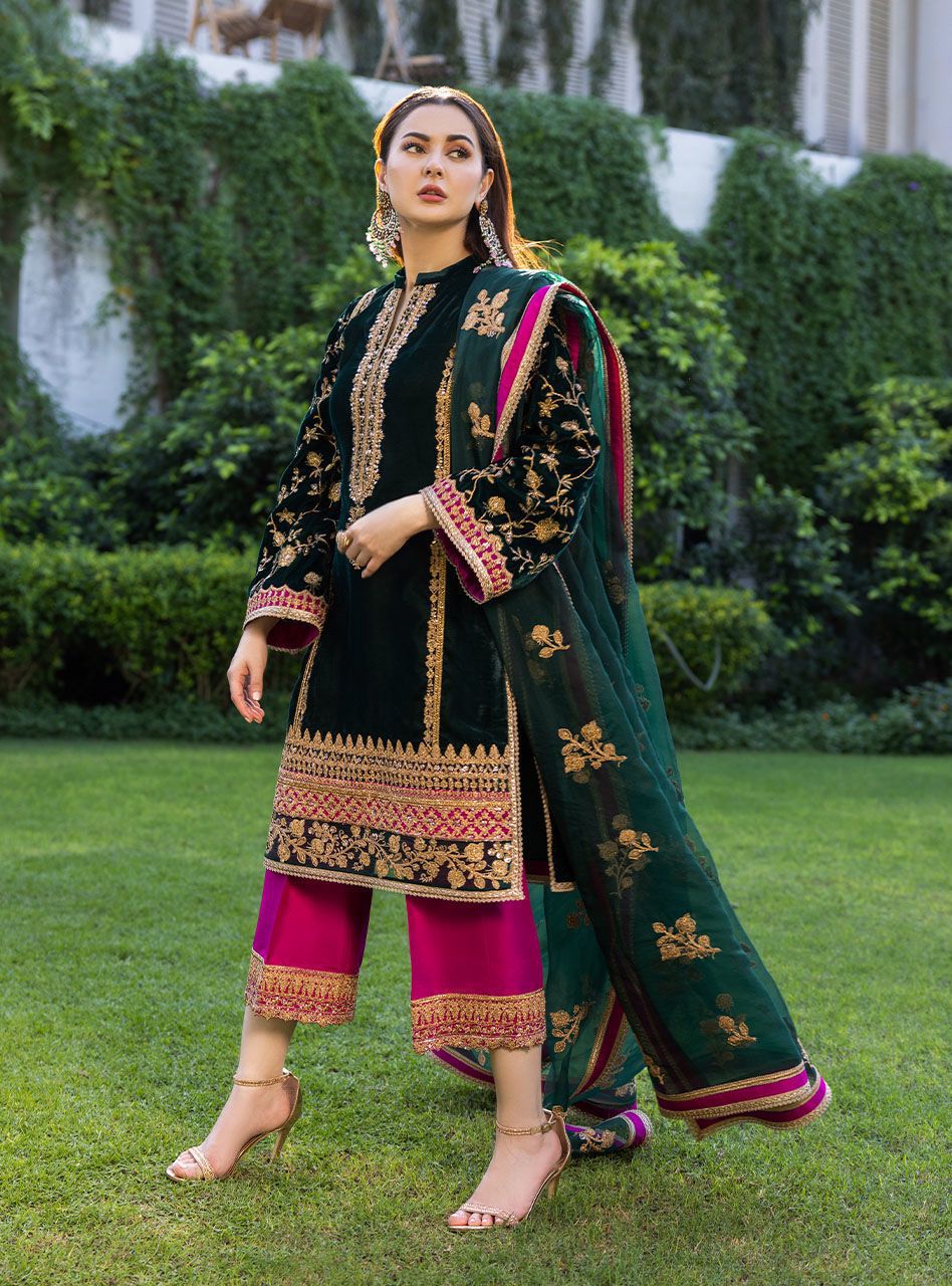 Velvet - 3 Piece Embroided Unstitched Green Suit